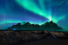 Aurora Borealis,Nothern Light At Vestrahorn Mountain In Iceland.