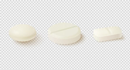 realistic medical pills. collection of oval, round and capsule shaped tablets.