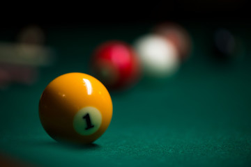 Wall Mural - Sport billiard balls on green billiard table in pub. On going billiard game. Competitive players trying to find out the winner of the round