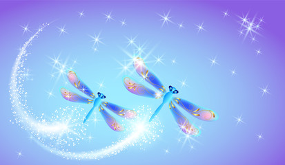 Flying dragonfly with sparkle and blazing trail