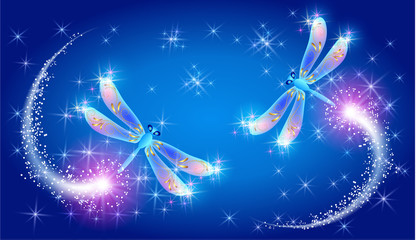 Wall Mural - Flying dragonfly with sparkle and blazing trail