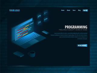 Isometric Developing programming and coding technologies. Can use for web banner or infographics. Freelance concept. Work at home.