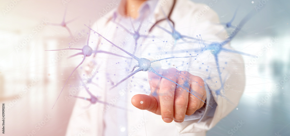 Doctor holding a 3d rendering group of neurons - obrazy, fototapety, plakaty 