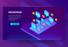 Vector 3d isometric template of site for messenger. Online chat for adults with emoji smiles. Social service on smartphone for communication, messaging. Illustration in violet, ultraviolet color