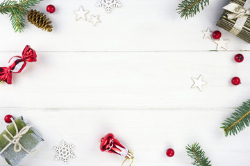 Wall Mural - christmas composition, frame. christmas gift, fir branches and cones, red berries, snowflakes, chris