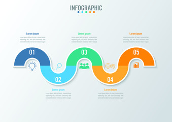 business infographic template with 5 options curve line, abstract elements diagram or processes and 