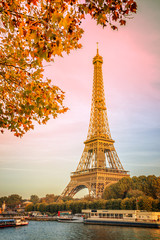  Eiffel tower and the river Seine, yellow automnal trees, Paris France