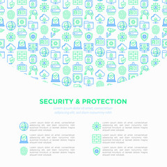 Wall Mural - security and protection concept with thin line icons: mobile security, fingerprint, badge, firewall,