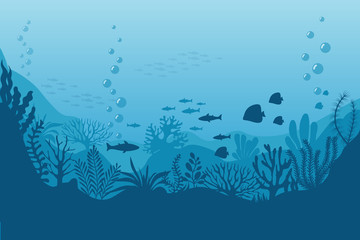 sea underwater background. ocean bottom with seaweeds. vector marine scene