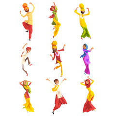 Sticker - Indian man and woman in traditional clothes dancing folk dance set vector Illustrations on a white background