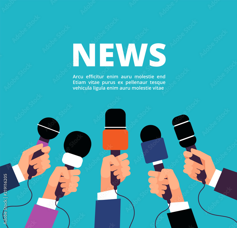 News concept with microphones. Broadcasting, interview and communication vector banner with handa holding microphones - obrazy, fototapety, plakaty 