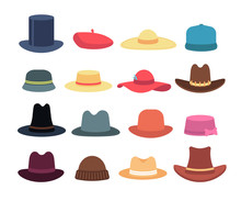 Man And Woman Hats. Cartoon Hat And Cap Headdress Vector Isolated Collection