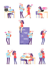 Sticker - Online romantic dating. Man and woman, cute couple using mobile application for talking and love relationship. Vector concept