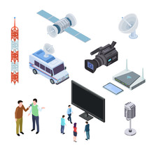 Broadcasting Equipment. Television Stream Electronics. Tv Antenna, Satellite And Camcorder. Telecommunications 3d Isometric Icons