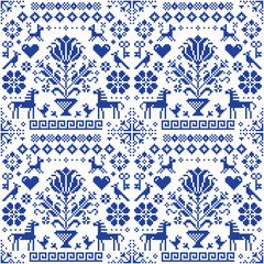 Retro traditional cross-stitch vector seamless pattern - repetitive background inspired German old style embroidery with flowers and animals
