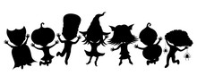 Children In Costumes For Halloween On A White Background.