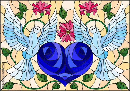 Dekoracja na wymiar  ilustracja-w-stylu-witrazu-z-para-golebi-i-niebieskim-sercem-na-tle-nieba