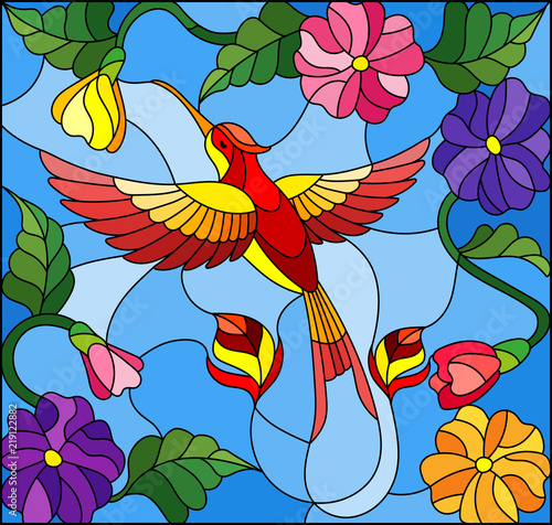 Dekoracja na wymiar  ilustracja-w-stylu-witrazu-z-kolorowym-kolibrem-na-tle-nieba-zieleni