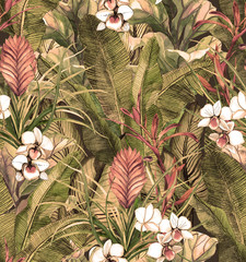   Seamless pattern with tropical leaves and flowers. watercolor pattern with white orchid phalinopsis. Botanical background
