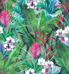   Seamless pattern with tropical leaves and flowers. watercolor pattern with white orchid phalinopsis. Botanical background