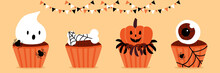 Cute Vector Cartoon Illustration Of Halloween Cupcakes. Set, Collection Of Sweets In Halloween Style With Ghost, Bone, Jack O Lantern, Eyeball.

