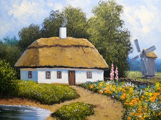 Oil paintings rural landscape. Old village. House, trees, road.  Fine art.