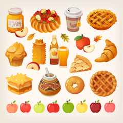 Set of vector dessert dishes and drinks made of apples, honey and other autumn products. 