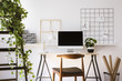 © Photographee.eu - Real photo of wooden desk with metal lamp, fresh plant and empty screen monitor standing in white flat interior