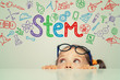 © Myst - STEM word and symbols over beautiful cute little girl. modern education concept