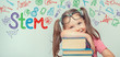 © Myst - STEM word and symbols over beautiful cute little girl with books. modern education concept