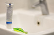 children's toothbrush oral care on the bathroom sink