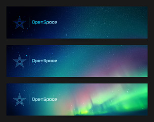 Sticker - set of horizontal banners with beautiful starry sky and northern lights. vector illustration with au