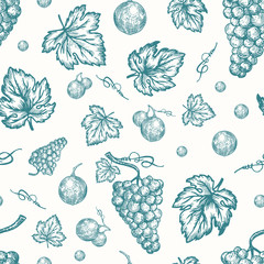 Wall Mural - hand drawn autumn grapes harvest vector seamless background pattern. grape berries, brunch and leave