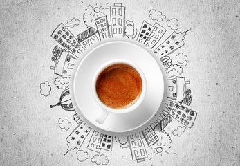 Canvas Print - Cup od hot coffe on doodles background