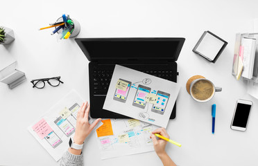 app design, technology and business concept - web designer or developer with sketches and laptop com