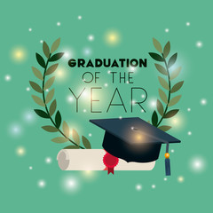 Wall Mural - graduation card with diploma and hat vector illustration design