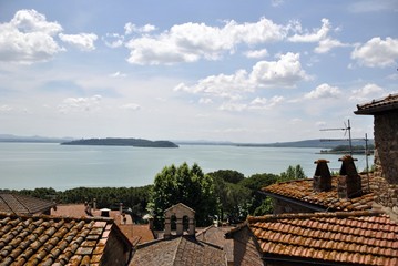 italian lake Trasimeno and village view