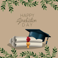 Wall Mural - graduation card with diploma and hat vector illustration design