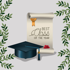 graduation card with diploma and hat vector illustration design