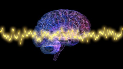 Brainwaves in front of glowing brain. 3d render wire frame model