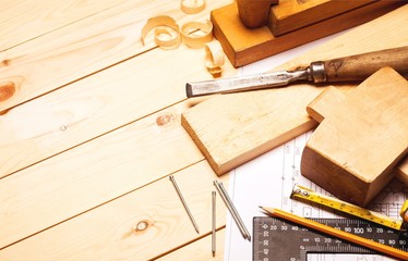 Poster - Carpentry tools with wooden planks and Blueprint.