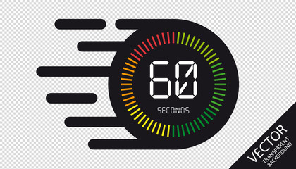 Speed Clock 60 Seconds Flat Icon - Vector Illustration - Isolated On Transparent Background