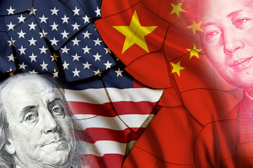 Serious trade tension or trade war between US and China, financial concept : Flags of USA and China with faces of Benjamin Franklin and Mao Zedong, depicts trade deficit between Washington and Beijing