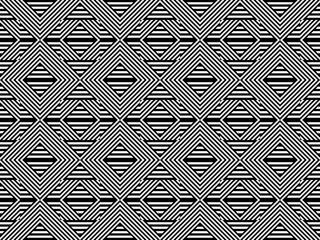 Wall Mural - Seamless pattern with striped black white straight lines and diagonal inclined lines (zigzag, chevron). Optical illusion effect, op art. Background for cloth, fabric, textile, tartan.