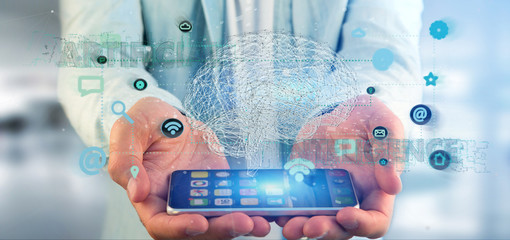 Man holding a 3d rendering artificial intelligence concept with a brain and app