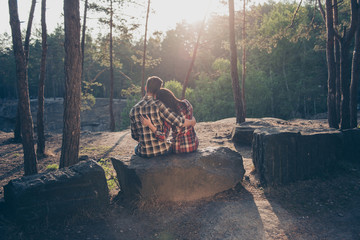 Poster - Rear back view of two people, happy romantic couple, wearing cas