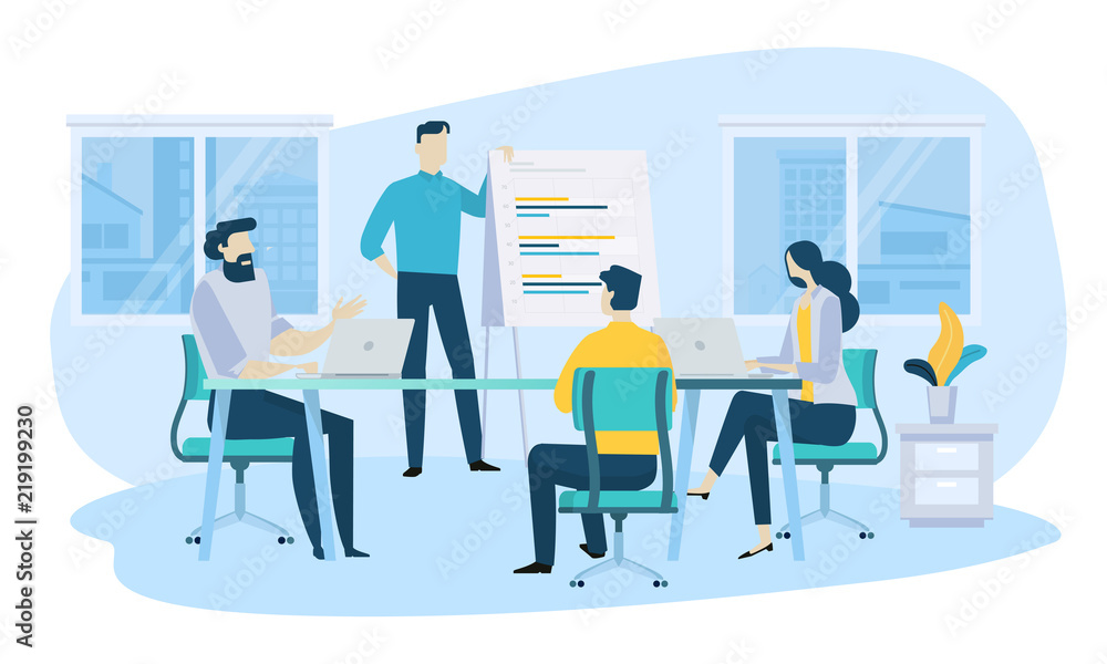 Vector illustration concept of business meeting, teamwork, training, improving professional skill. Creative flat design for web banner, marketing material, business presentation. - obrazy, fototapety, plakaty 