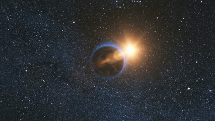 Wall Mural - space view on planet earth and sun star rotating on its axis in black universe. seamless loop with d