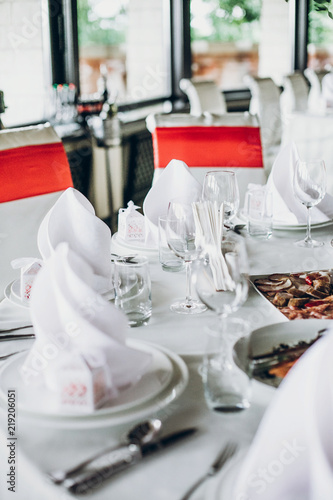 Elegant Wedding Table With Food Silver Cutlery Empty Glasses