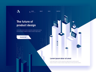 Modern isometric vector illustration concept of product development and digital marketing. 3d devices, charts and platforms. Creative landing page design template.